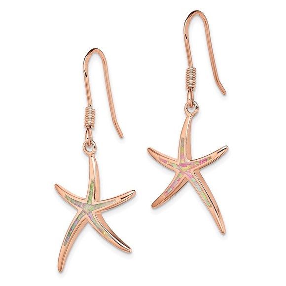 Sterling Silver Rose-tone Created Opal Inlay Star Fish Dangle Earrings - Picture 4 of 4